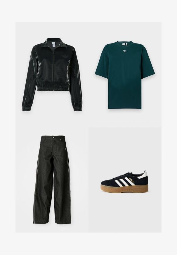 Casaco curto preto brilhante com fecho de correr frontal, gola alta e bainha elástica. Apresenta três riscas nas mangas e um pequeno logotipo no peito.; T-shirt de algodão oversize verde escuro com mangas curtas e decote redondo, com o logótipo da Adidas em branco no peito.; Calças de ganga largas pretas com riscas laterais brancas, apresentando bolsos frontais, fecho com botão e um logótipo discreto perto da cintura.; Sapatilha preta em camurça com três riscas brancas e logótipo dourado. Sola de borracha com aderência texturizada. Design clássico de cano baixo, bico arredondado.