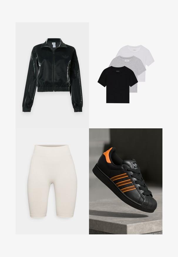 Jachetă neagră lucioasă, scurtă, cu fermoar frontal, guler înalt și tiv elastic. Are trei dungi pe mâneci și un mic logo pe piept.; Set de trei tricouri cu mâneci scurte, în negru, gri și alb. Fabricate din bumbac, cu guler rotund și un design simplu, de culoare uniformă.; Shorts de bicicletă de culoare crem, cu un talie înaltă, având o textură netedă și un stil ajustat, care se termină puțin deasupra genunchiului.; Adidași negri cu accente portocalii, trei dungi orizontale, parte superioară din piele texturată, capac de cauciuc pentru vârf și șireturi negre.