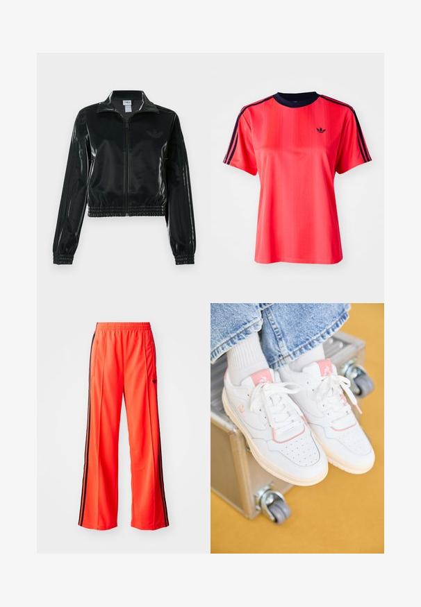 Sort blank cropped jakke med glidelås foran, høy krage og elastisk nederkant. Har tre striper på ermene og en liten logo på brystet.; Rød idretts-T-skjorte med korte ermer, med vertikale striper, en marineblå rund hals, og en liten svart logo foran.; Lyse oransje treningsbukser med vid bendesign, med svarte sidestriper og elastisk midje. Inkluderer en glidelåslomme.; Hvite lær sneakers med rosa detaljer, perforert tå, flate lisser og en myk, teksturert såle, plassert på en metalloverflate.