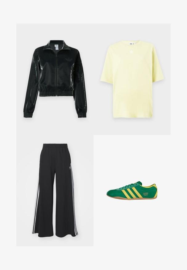 Casaco curto preto brilhante com fecho de correr frontal, gola alta e bainha elástica. Apresenta três riscas nas mangas e um pequeno logotipo no peito.; T-shirt amarelo claro da Adidas com mangas curtas e pequeno logótipo trefoil branco no centro, perto da gola.; Calças de suor largas e pretas com uma cintura elástica, apresentando riscas brancas nas laterais e um logótipo bordado na coxa esquerda.; Sapatilha atlética verde e amarela com três riscas amarelas, parte superior em tecido, sola de borracha e logótipo dourado na lateral.