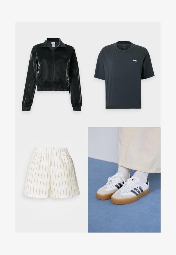 Černá lesklá zkrácená bunda se zipem vpředu, vysokým límcem a elastickým lemem. Má tři pruhy na rukávech a malé logo na hrudi.; Černé unisex tričko s krátkým rukávem s malým bílým logem "obey" na levé straně hrudi a kulatým výstřihem.; Bílé šortky s červenými vertikálními pruhy, s elastickým pasem a volným střihem. Vyrobeno z lehkého bavlněného materiálu.; Bílé tenisky s černými pruhy a béžovými semišovými akcenty. Mají texturovanou gumovou podrážku a ploché bílé tkaničky, nošeny s světlými ponožkami.