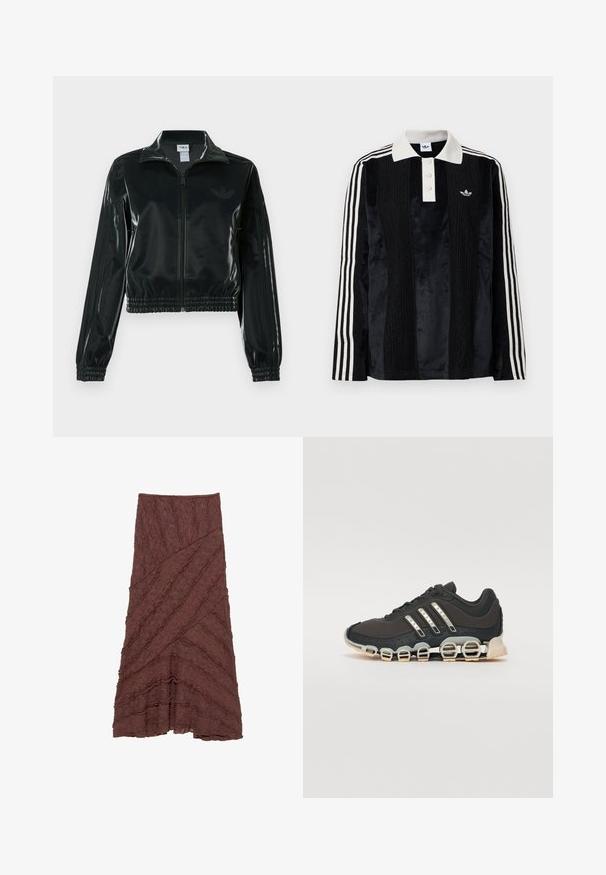 Černá lesklá zkrácená bunda se zipem vpředu, vysokým límcem a elastickým lemem. Má tři pruhy na rukávech a malé logo na hrudi.; Černé sametové polo triko s dlouhým rukávem, bílým ribbovaným límcem, třemi knoflíky, strukturovaným předním dílem a třemi bílými pruhy na každém rukávu.; Hnědá texturovaná sukně se vrstveným, vlnitým designem a diagonálními vzory, se skladovanými detaily podél okrajů a rozšířenou siluetou.; Černá atletická bota s texturovaným svrškem, třemi stříbrnými pruhy a výraznou odpruženou podrážkou se spoustou integrovaných sekcí.