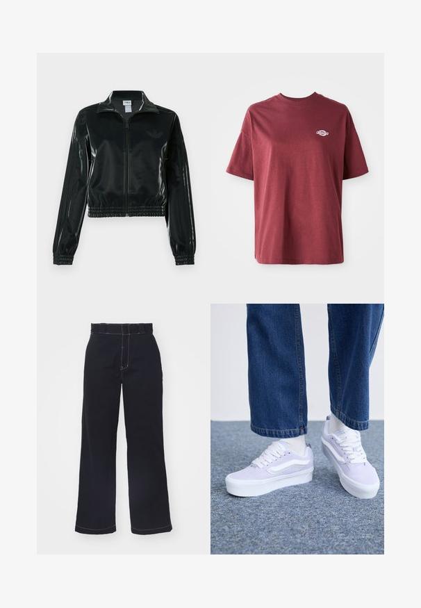 Juoda blizgi trumpa striukė su užtrauktuku priekyje, aukštu apykakliu ir elastine apačia. Rankovėse trys dryžiai ir mažas logotipas ant krūtinės.; Bordo medvilnės marškinėliai su apvalia kaklo linija, trumpomis rankovėmis ir mažuoju baltu logotipu kairėje krūtinės pusėje. Lygi tekstūra, laisvas pjūvis.; Tamsiai mėlynos, plačios kojos kelnės, pagamintos iš medvilnės, su aukštu liemeniu, su kontrastinga balta siuvinėjimo linija ir švariu, paprastu dizainu.; Šviesiai violetinės zomšinės sportinės bateliai su baltomis detalėmis, plokščiais raišteliais ir storesne balta padu, dėvimi su šviesiomis kojinėmis ir laisvais džinsiniais kelnais.