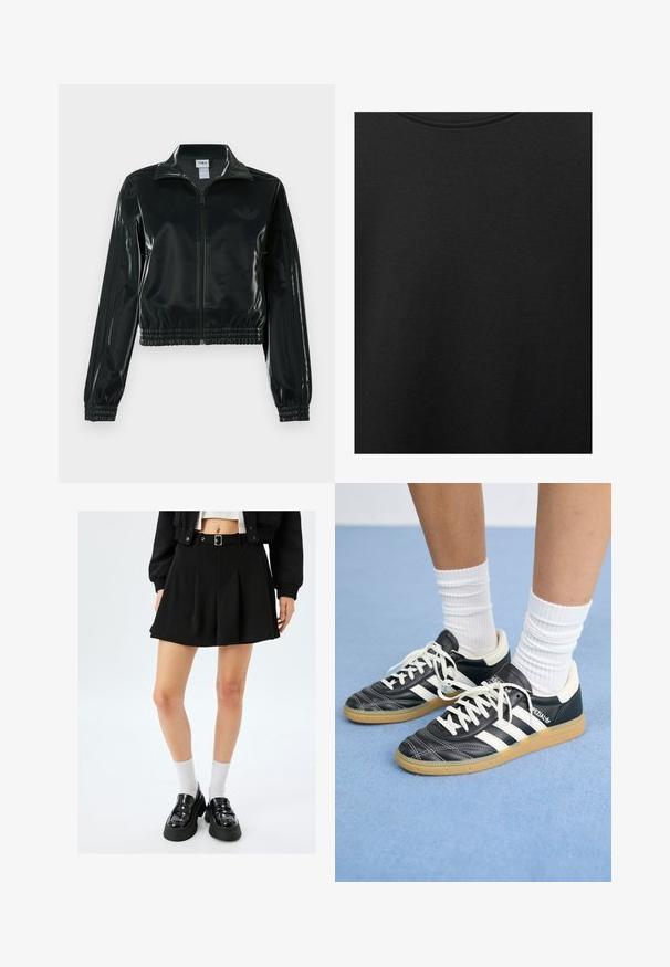 Sort, glinsende cropped jakke med lynlås foran, høj krave og elastisk kant. Har tre striber på ærmerne og et lille logo på brystet.; Sort bomuldsstof med glat struktur og rund halsudskæring, prydet med et subtilt, jævnt kornmønster. Ingen synlige logoer eller accenter.; Sort plisseret miniskørt med bælte, lavet af glat stof. Kombineret med patentlæder loafers og hvide ankelsokker.; Sorte lædersneakers med hvide striber, rund tå, hvide snørebånd og gummisål. Fremhævet af polstret krave og brandingdetaljer.