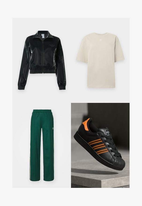 Casaco curto preto brilhante com fecho de correr frontal, gola alta e bainha elástica. Apresenta três riscas nas mangas e um pequeno logotipo no peito.; T-shirt bege de manga curta feita de algodão, com gola redonda e pequeno logótipo branco da Adidas impresso no peito. Textura suave, corte descontraído.; Calças de desporto verde-escuras com um corte relaxado, apresentando uma cintura com cordão, bolsos laterais e riscas creme nas laterais.; Sapatilha preta com detalhes laranja, três riscas horizontais, parte superior em couro texturizado, bico de borracha e atacadores pretos.
