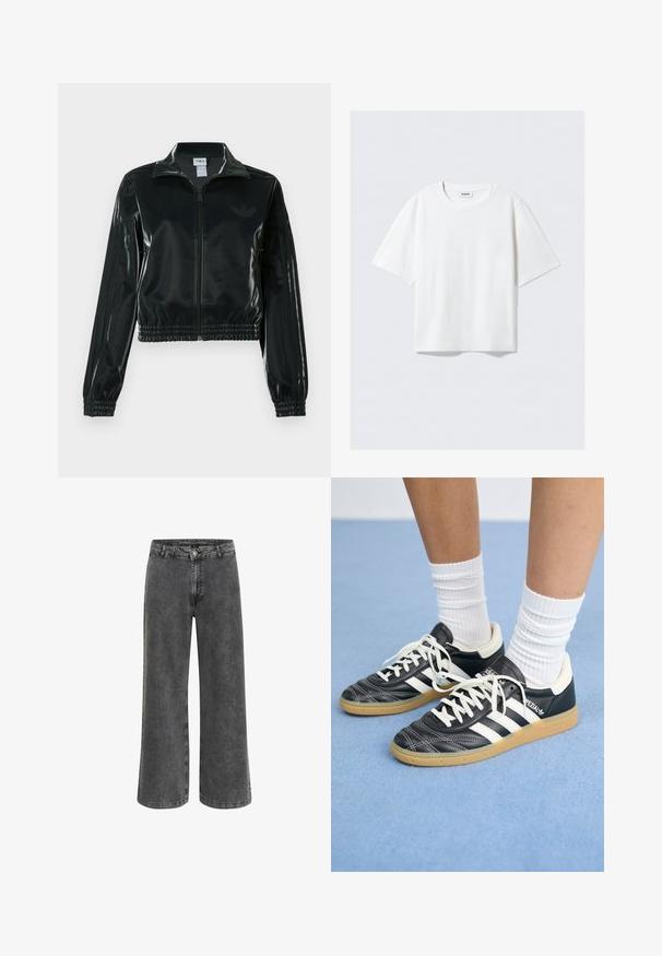 Zwarte glanzende cropped jas met een ritssluiting aan de voorkant, hoge kraag en elastische zoom. Voorzien van drie strepen op de mouwen en een klein logo op de borst.; Witte t-shirt met korte mouwen van zachte katoen, met een ronde halslijn en een ontspannen pasvorm met rechte zoom, eenvoudig zonder patronen of graphics.; Wijdvallende broek in vervaagd zwart denim, met een klassieke knoopsluiting, vijf-pocket ontwerp en een licht gestructureerde afwerking.; Zwarte leren sneakers met witte strepen, ronde neus, witte veters en een gumrubberen zool. Versterkt met een gevoerd kraag en merkdetails.