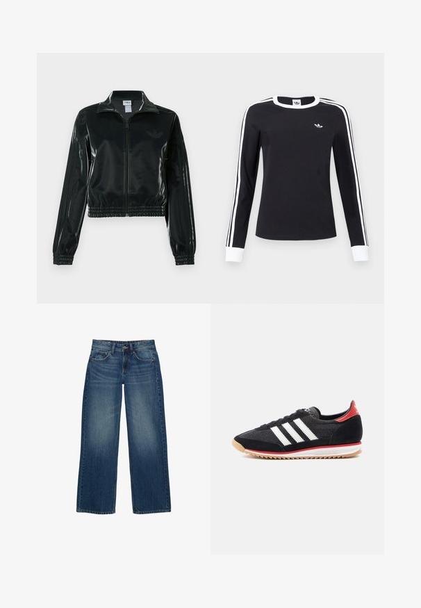 Černá lesklá zkrácená bunda se zipem vpředu, vysokým límcem a elastickým lemem. Má tři pruhy na rukávech a malé logo na hrudi.; Černá košile s dlouhým rukávem, bílým límečkem a manžetami, bílé pruhy podél rukávů a malé bílé logo Adidas na levé straně hrudníku.; Široké modré džíny z denimu s vybledlým práním, pětivreckovým designem a kontrastním šitím. Zapínání na knoflík a zip.; Černá sportovní obuv s bílými pruhy, semišovými detaily a červenou patou. Síťovaná textura a gumová podrážka s světle hnědým vzorkem.