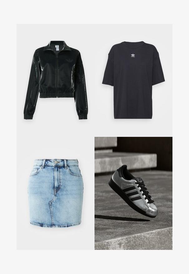 Melna spīdīga īsā jaka ar rāvējslēdzēja priekšpusi, augstu apkakli un elastīgu apakšu. Piedevas ir trīs svītras uz piedurknēm un neliels logotips uz krūtīm.; Melna kokvilnas t-kreklā ar īsām piedurknēm un apaļu kakla izgriezumu, uz krūtīm ir balta Adidas logo. Vienkāršs dizains, brīvs piegriezums.; Gaiši zils denima svārki ar pieguļošu formu, pieciem kabatām, pogu un rāvējslēdzēja aizdari, kā arī izšūtiem elementiem apmalē.; Sudraba krāsas sneaker kurpes ar melnu gumijas zoli, melnām auklām un trīs melnām svītrām. Tām ir metāliska apdare un klasiskā čaulas deguna dizains.