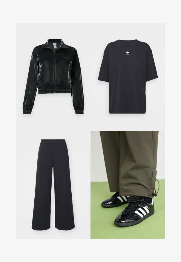 Sort blank cropped jakke med glidelås foran, høy krage og elastisk nederkant. Har tre striper på ermene og en liten logo på brystet.; Svart bomull T-skjorte med korte ermer, rund halslinje, med en hvit Adidas-logo på brystet. Enkel design, avslappet passform.; Svart bukse med vid benvidde laget av myk stoff, med elastisk midjebånd og en liten logo på venstre side.; Sorte patent lær sneakers med tre hvite striper, svarte snører og teksturert svart såle, kombinert med olivengrønne bukser.