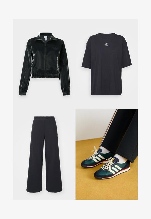 Fekete, fényes rövidített dzseki cipzárral az elején, magas gallérral és elasztikus szegéllyel. Három csík díszíti az ujjakat, és kis logó található a mellrészen.; Fekete pamut póló rövid ujjakkal, kerek nyakkivágással, mellkason fehér Adidas logóval. Egyszerű dizájn, laza fazon.; Fekete, bő szárú melegítőnadrág, puha anyagból készült, rugalmas derékkal és egy kis logóval a bal oldalon.; Zöld velúr és hálós sportcipő fehér csíkokkal és piros kiegészítőkkel. Lapos talppal és kerek orral rendelkezik, krémszínű fűzőkkel megkötve.