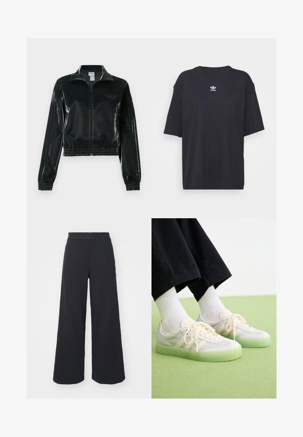 Fekete, fényes rövidített dzseki cipzárral az elején, magas gallérral és elasztikus szegéllyel. Három csík díszíti az ujjakat, és kis logó található a mellrészen.; Fekete pamut póló rövid ujjakkal, kerek nyakkivágással, mellkason fehér Adidas logóval. Egyszerű dizájn, laza fazon.; Fekete, bő szárú melegítőnadrág, puha anyagból készült, rugalmas derékkal és egy kis logóval a bal oldalon.; Világos színű sportcipők velúr és hálós felsőrészből, három oldalsávval, lapos fűzőkkel és áttetsző zöld gumitalppal.