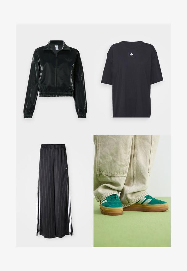 Sort blank cropped jakke med glidelås foran, høy krage og elastisk nederkant. Har tre striper på ermene og en liten logo på brystet.; Svart bomull T-skjorte med korte ermer, rund halslinje, med en hvit Adidas-logo på brystet. Enkel design, avslappet passform.; Sorte wide-leg bukser med vertikale hvite striper, elastisk midjebånd og tre hvite striper langs siden. Adidas-logo foran.; Grønne semskede sneakers med hvite striper, beige gummisåle. Bredere passform, med litt hevet såle, parret med lyse beige vide bukser.