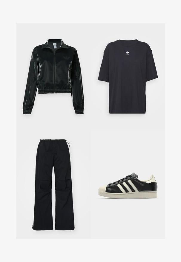 Black glossy cropped jacket with a zip front, high collar, and elasticized hem. Features three stripes on sleeves and a small logo on the chest.; Black cotton t-shirt with short sleeves, round neckline, features a white Adidas logo on the chest. Simple design, relaxed fit.; Black cargo pants feature an elastic waistband with drawstring, two side pockets, and a wide-leg design. Made from durable fabric.; Black leather sneaker with white stripes, rubber toe cap, black laces, and a cream-colored outsole. Smooth texture with shiny finish.
