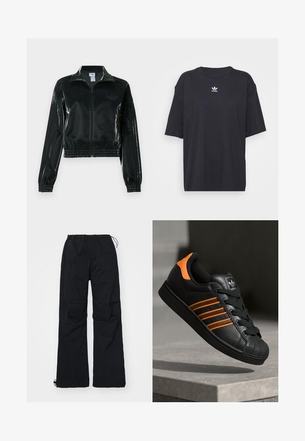 Sort, glinsende cropped jakke med lynlås foran, høj krave og elastisk kant. Har tre striber på ærmerne og et lille logo på brystet.; Sort bomulds t-shirt med korte ærmer, rund halsudskæring, med et hvidt Adidas-logo på brystet. Enkel design, afslappet pasform.; Sorte cargo bukser har en elastisk talje med snor, to sidelommer og et vidde ben design. Fremstillet af slidstærkt stof.; Sort sneakers med orange detaljer, tre vandrette striber, tekstureret læderoverdel, gummikappe og sorte snørebånd.