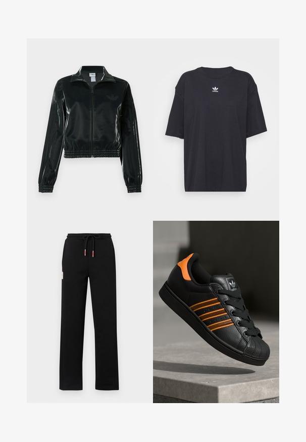 Jachetă neagră lucioasă, scurtă, cu fermoar frontal, guler înalt și tiv elastic. Are trei dungi pe mâneci și un mic logo pe piept.; Tricou din bumbac negru cu mâneci scurte, gât rotund, prezentând un logo Adidas alb pe piept. Design simplu, croi lejer.; Pantaloni de trening negri cu talie ajustabilă, prezentând accente roșii și albe, buzunare laterale și un mic etichetă pe față. Textură fină.; Adidași negri cu accente portocalii, trei dungi orizontale, parte superioară din piele texturată, capac de cauciuc pentru vârf și șireturi negre.
