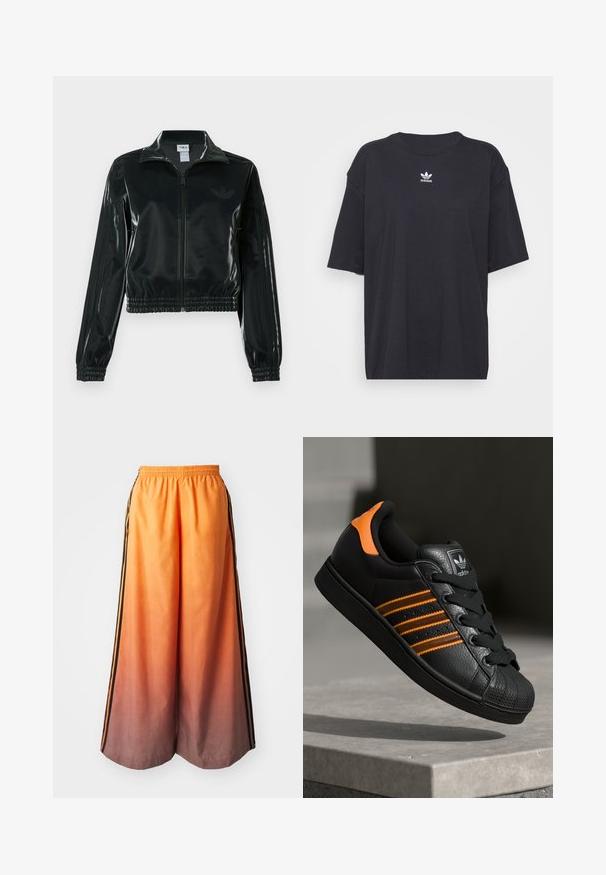 Sort blank cropped jakke med glidelås foran, høy krage og elastisk nederkant. Har tre striper på ermene og en liten logo på brystet.; Svart bomull T-skjorte med korte ermer, rund halslinje, med en hvit Adidas-logo på brystet. Enkel design, avslappet passform.; Oransje gradient vide bukser med en svart side stripe, med elastisk midje og lett materiale.; Svart sneaker med oransje detaljer, tre horisontale striper, teksturert skinnoverdel, gummitå, og svarte lisser.