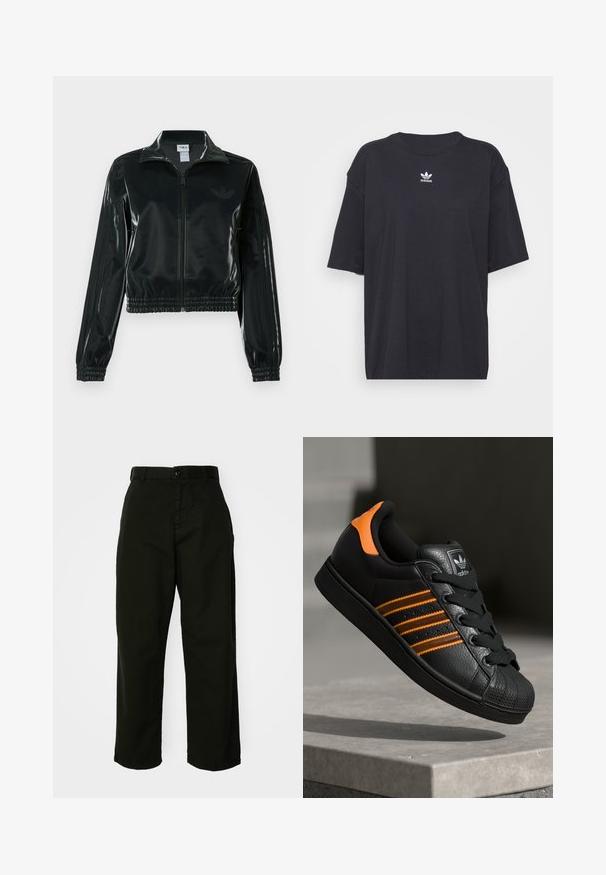 Juoda blizgi trumpa striukė su užtrauktuku priekyje, aukštu apykakliu ir elastine apačia. Rankovėse trys dryžiai ir mažas logotipas ant krūtinės.; Juodas medvilnės marškinėliai trumpomis rankovėmis, apvaliu iškirpimu, su baltu Adidas logo ant krūtinės. Paprastas dizainas, laisvas kirpimas.; Juodos, plačios kelnės, pagamintos iš tvirtos medvilnės. Su sagų užtrauktuku ir šoninėmis kišenėmis. Lygi tekstūra ir pritaikytas įbaigtumas.; Juodas sportinis batelis su oranžiniais akcentais, trimis horizontaliomis juostelėmis, tekstūruota odinė viršutinė dalis, guminiu nosių dangteliu ir juodomis raišteliais.