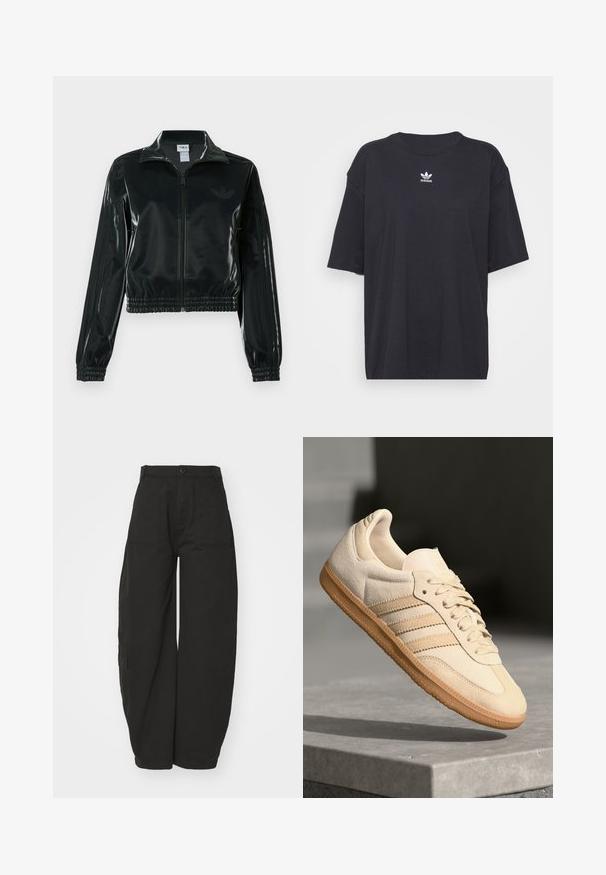 Zwarte glanzende cropped jas met een ritssluiting aan de voorkant, hoge kraag en elastische zoom. Voorzien van drie strepen op de mouwen en een klein logo op de borst.; Zwarte katoenen T-shirt met korte mouwen, ronde halslijn, voorzien van een wit Adidas-logo op de borst. Eenvoudig ontwerp, comfortabele pasvorm.; Wijde zwarte broek gemaakt van katoen, met een hoge taille, een sluiting met knopen aan de voorkant en zijzakken voor functionaliteit.; Lichtbeige suède sneaker met een gumrubberen buitenzool, drie diagonale strepen en een textuur op de neus. Voorzien van een logo op de tong en de zijkant.