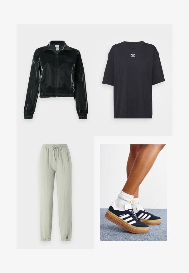 Crna sjajna kratka jakna s patentnim zatvaračem sprijeda, visokim ovratnikom i porubom s elastikom. Na rukavima ima tri pruge i mali logo na prsima.; Crna pamučna majica kratkih rukava, okruglog izreza, s bijelim Adidas logom na prsima. Jednostavan dizajn, opušteni kroj.; Svijetlozeleni trenirka s elastičnim pojasom, podesivom vezicom i suženim manžetama. Ima vertikalne šavove duž prednje strane.; Crne tenisice od brušene kože s bijelim prugama i detaljima, okruglim vrhom, gumeni potplat boje gume, uparene s bijelim rebrastim čarapama.