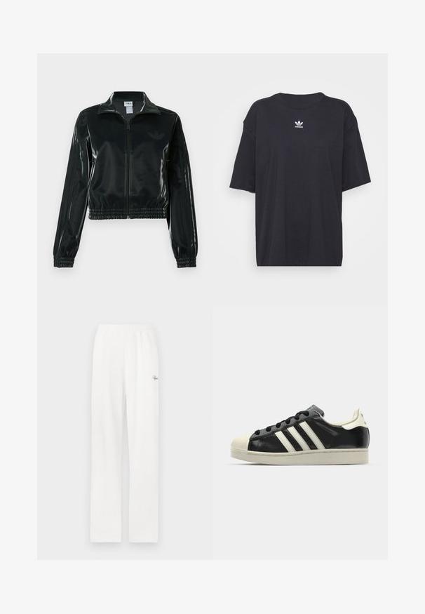 Black glossy cropped jacket with a zip front, high collar, and elasticized hem. Features three stripes on sleeves and a small logo on the chest.; Black cotton t-shirt with short sleeves, round neckline, features a white Adidas logo on the chest. Simple design, relaxed fit.; White, ribbed lounge pants with an elastic waistband and a small decorative logo on the left side. Straight-leg design and soft texture.; Black leather sneaker with white stripes, rubber toe cap, black laces, and a cream-colored outsole. Smooth texture with shiny finish.