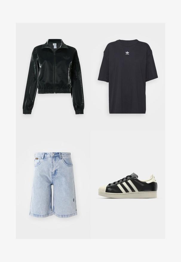Black glossy cropped jacket with a zip front, high collar, and elasticized hem. Features three stripes on sleeves and a small logo on the chest.; Black cotton t-shirt with short sleeves, round neckline, features a white Adidas logo on the chest. Simple design, relaxed fit.; Light blue denim shorts featuring a high waist, loose fit, and front pockets. Decorative stitching and brand logo embroidered on the side.; Black leather sneaker with white stripes, rubber toe cap, black laces, and a cream-colored outsole. Smooth texture with shiny finish.