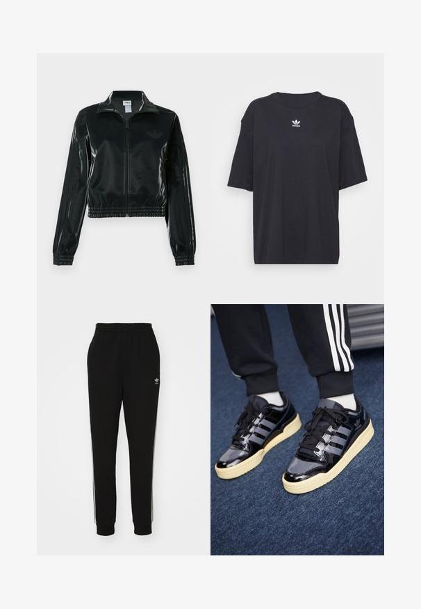 Črno, sijočo kratko jakno z zadrgo spredaj, visokim ovratnikom in elastičnim spodnjim robom. Na rokavih so tri črte, na prsih pa majhen logotip.; Črna bombažna majica s kratkimi rokavi in okroglo ovratnikom, ki na prsih prikazuje bele Adidasove logotip. Enostaven dizajn, sproščen kroj.; Črne trenirke z elastično pasnico, slim fit, z belimi stranskimi črtami in majhnim logotipom na levem stegnu. Mehka, teksturirana tkanina.; Črne patentne usnjene superge s tremi črtami, gumijastim podplatom in smetanovim zunanjim podplatom. Imajo ravne vezalke in gladek sijajni videz.