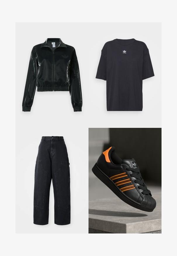 Black glossy cropped jacket with a zip front, high collar, and elasticized hem. Features three stripes on sleeves and a small logo on the chest.; Black cotton t-shirt with short sleeves, round neckline, features a white Adidas logo on the chest. Simple design, relaxed fit.; Black denim wide-leg cargo pants with a high waist, two large front pockets, and a button closure at the waist. Smooth texture, casual design.; Black sneaker with orange accents, three horizontal stripes, textured leather upper, rubber toe cap, and black laces.