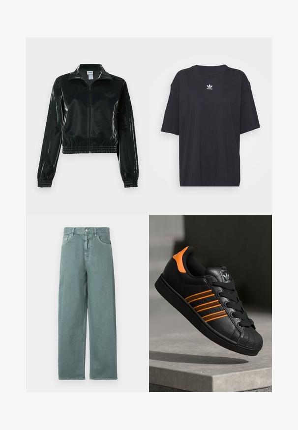 Must läikiv lühike jakk lukuga esiküljel, kõrge krae ja elastse äärega. Varrukatel on kolm triipu ja rinnal väike logo.; Must must t-särk lühikeste varrukatega, ümmargune kaelus, rinnal valge Adidas logo. Lihtne disain, mugav lõige.; Heledad roheline laienev teksapaar, mis sisaldab nupukinnitust, nelja taskut ja peenelt õmmeldud detaile, valmistatud siledast puuvillast kangast.; Mustad mustad mustad oranzhides üksikasjad, kolm horisontaalset triipu, tekstureeritud nahk pealisosa, kummist varbaosa ja mustad paelad.