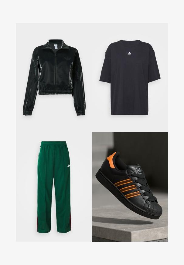 Sort blank cropped jakke med glidelås foran, høy krage og elastisk nederkant. Har tre striper på ermene og en liten logo på brystet.; Svart bomull T-skjorte med korte ermer, rund halslinje, med en hvit Adidas-logo på brystet. Enkel design, avslappet passform.; Grønne treningsbukser laget av polyester, med en avslappet passform, elastisk midjebånd, hvite sidestreker og maroon detaljer. Adidas-logo vist.; Svart sneaker med oransje detaljer, tre horisontale striper, teksturert skinnoverdel, gummitå, og svarte lisser.
