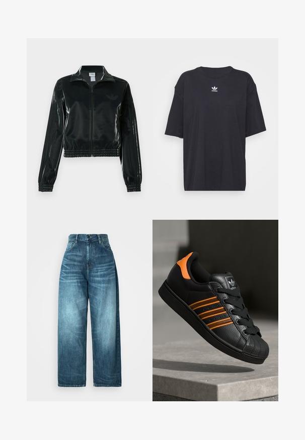 Black glossy cropped jacket with a zip front, high collar, and elasticized hem. Features three stripes on sleeves and a small logo on the chest.; Black cotton t-shirt with short sleeves, round neckline, features a white Adidas logo on the chest. Simple design, relaxed fit.; High-waisted wide-leg jeans in medium blue denim, featuring a faded wash, traditional pocket design, and a button front closure.; Black sneaker with orange accents, three horizontal stripes, textured leather upper, rubber toe cap, and black laces.