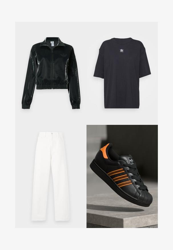 Black glossy cropped jacket with a zip front, high collar, and elasticized hem. Features three stripes on sleeves and a small logo on the chest.; Black cotton t-shirt with short sleeves, round neckline, features a white Adidas logo on the chest. Simple design, relaxed fit.; White denim pants with a high waist, straight leg design, visible stitching, five-pocket styling, and a metal button closure.; Black sneaker with orange accents, three horizontal stripes, textured leather upper, rubber toe cap, and black laces.