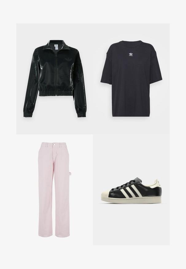 Jachetă neagră lucioasă, scurtă, cu fermoar frontal, guler înalt și tiv elastic. Are trei dungi pe mâneci și un mic logo pe piept.; Tricou din bumbac negru cu mâneci scurte, gât rotund, prezentând un logo Adidas alb pe piept. Design simplu, croi lejer.; Pantaloni din bumbac roz deschis, cu croi drept, dotati cu un sistem de închidere cu nasture și buzunar lateral tip cargo. Textură netedă și detalii de design minime.; Sneaker din piele neagră cu dungi albe, vârf din cauciuc, șireturi negre și talpă de culoare crem. Textură netedă cu finisaj strălucitor.