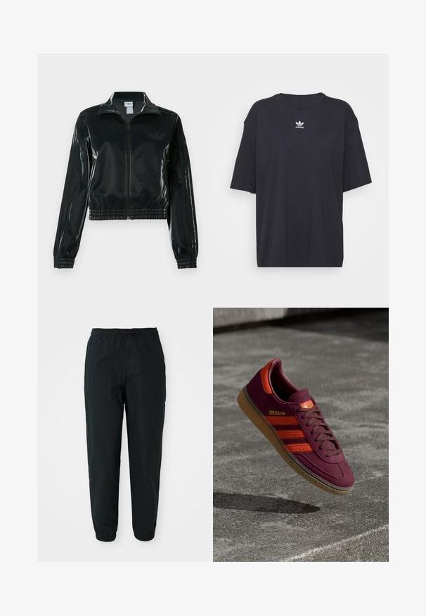 Sort blank cropped jakke med glidelås foran, høy krage og elastisk nederkant. Har tre striper på ermene og en liten logo på brystet.; Svart bomull T-skjorte med korte ermer, rund halslinje, med en hvit Adidas-logo på brystet. Enkel design, avslappet passform.; Sorte tapered bukser laget av et glatt stoff, med elastisk midjebånd, snor og sidelommer. Elastiske mansjetter ved anklene.; Bordeaux semskede sneakers med oransje striper og detaljer, brune lisser og en gummisåle. Har en logotag på tungen.