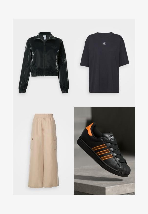 Sort blank cropped jakke med glidelås foran, høy krage og elastisk nederkant. Har tre striper på ermene og en liten logo på brystet.; Svart bomull T-skjorte med korte ermer, rund halslinje, med en hvit Adidas-logo på brystet. Enkel design, avslappet passform.; Beige vide benbukser med elastisk liv, sidelommer og hvite sidelister. Laget av et glatt, lett materiale.; Svart sneaker med oransje detaljer, tre horisontale striper, teksturert skinnoverdel, gummitå, og svarte lisser.
