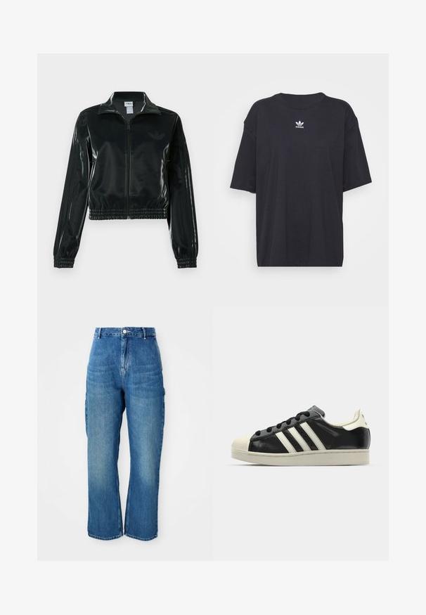 Crna sjajna kratka jakna s patentnim zatvaračem sprijeda, visokim ovratnikom i porubom s elastikom. Na rukavima ima tri pruge i mali logo na prsima.; Crna pamučna majica kratkih rukava, okruglog izreza, s bijelim Adidas logom na prsima. Jednostavan dizajn, opušteni kroj.; Traperice visokog struka ravnog kroja plave boje s prednjim dugmetom, zatvaranjem na patentni zatvarač i bočnim džepovima protiv bijele pozadine.; Crni kožni tenisice s bijelim prugama, gumeni zaštitni vrh, crne vezice i bijela potplata boje krem. Glatka tekstura s sjajnim završetkom.