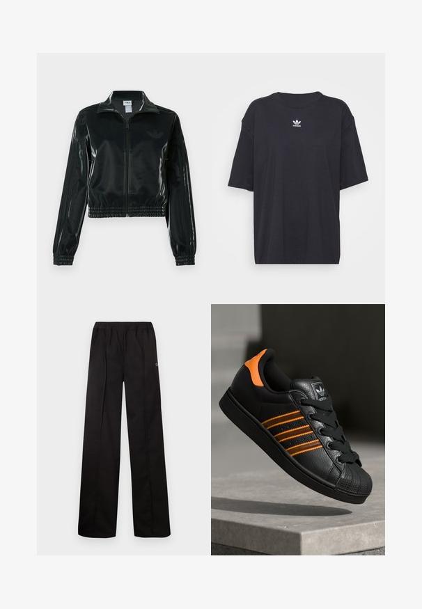 Fekete, fényes rövidített dzseki cipzárral az elején, magas gallérral és elasztikus szegéllyel. Három csík díszíti az ujjakat, és kis logó található a mellrészen.; Fekete pamut póló rövid ujjakkal, kerek nyakkivágással, mellkason fehér Adidas logóval. Egyszerű dizájn, laza fazon.; Fekete, bő szárú nadrág, gumis derékkal. Puha anyagból készült, minimális részletezéssel, az egyik oldalon egy kis logóval.; Fekete sportcipő narancssárga részletekkel, három vízszintes csíkkal, texturált bőr felsőrésszel, gumis orral és fekete fűzőkkel.