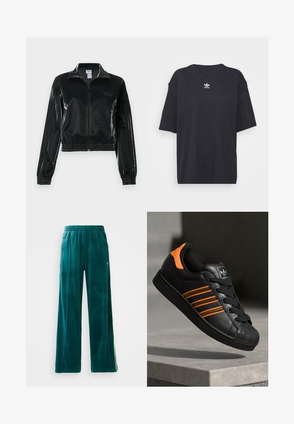 Melna spīdīga īsā jaka ar rāvējslēdzēja priekšpusi, augstu apkakli un elastīgu apakšu. Piedevas ir trīs svītras uz piedurknēm un neliels logotips uz krūtīm.; Melna kokvilnas t-kreklā ar īsām piedurknēm un apaļu kakla izgriezumu, uz krūtīm ir balta Adidas logo. Vienkāršs dizains, brīvs piegriezums.; Tīklaji zaļi velūra bikses ar brīvu piegriezumu, elastīgu jostu, sānu kabatām un nišu tekstūras rakstu. Satur kontrastējošas svītras gar sāniem.; Melnas kedas ar oranžiem akcentiem, trīs horizontālas svītras, teksturēts ādas augšdaļa, gumijas purngala daļa un melnas auklas.
