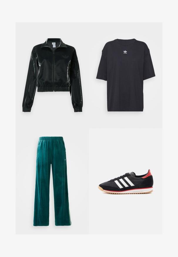 Melna spīdīga īsā jaka ar rāvējslēdzēja priekšpusi, augstu apkakli un elastīgu apakšu. Piedevas ir trīs svītras uz piedurknēm un neliels logotips uz krūtīm.; Melna kokvilnas t-kreklā ar īsām piedurknēm un apaļu kakla izgriezumu, uz krūtīm ir balta Adidas logo. Vienkāršs dizains, brīvs piegriezums.; Tīklaji zaļi velūra bikses ar brīvu piegriezumu, elastīgu jostu, sānu kabatām un nišu tekstūras rakstu. Satur kontrastējošas svītras gar sāniem.; Melnas sporta kurpes ar baltām svītrām, zamšādas akcentiem un sarkanu papēdi. Acs tekstūra un gumijas zolīte ar gaiši brūnu protektoru.