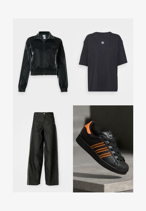 Sort blank cropped jakke med glidelås foran, høy krage og elastisk nederkant. Har tre striper på ermene og en liten logo på brystet.; Svart bomull T-skjorte med korte ermer, rund halslinje, med en hvit Adidas-logo på brystet. Enkel design, avslappet passform.; Sorte denim vide bukser med hvite sidestreker, med frontlommer, knappelukking og en subtil logo nær midjen.; Svart sneaker med oransje detaljer, tre horisontale striper, teksturert skinnoverdel, gummitå, og svarte lisser.