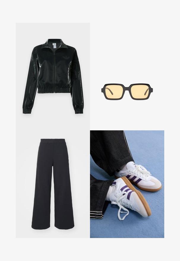 Černá lesklá zkrácená bunda se zipem vpředu, vysokým límcem a elastickým lemem. Má tři pruhy na rukávech a malé logo na hrudi.; Černé zkrácené tričko s kulatým výstřihem, volnými krátkými rukávy, s vertikálními saténovými pruhy na levé straně. Hladká textura.; Černé široké tepláky vyrobené z měkké tkaniny, s elastickým pasem a malým logem na levé straně.; Bílé sportovní boty s fialovými pruhy a hnědými gumovými podešvami, s kulatými tkaničkami a polstrovaným límcem. Oblékané s tmavými džínami.; Černé obdélníkové sluneční brýle se žlutými skly, lehký rám a charakteristické tupé hrany na spáncích. Hladký, lesklý povrch.