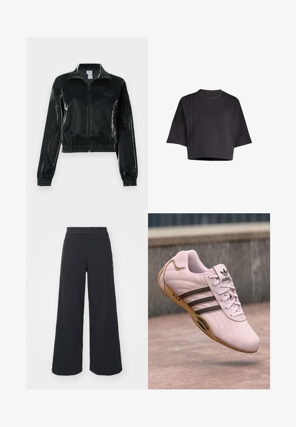 Černá lesklá zkrácená bunda se zipem vpředu, vysokým límcem a elastickým lemem. Má tři pruhy na rukávech a malé logo na hrudi.; Černé zkrácené tričko s kulatým výstřihem, volnými krátkými rukávy, s vertikálními saténovými pruhy na levé straně. Hladká textura.; Černé široké tepláky vyrobené z měkké tkaniny, s elastickým pasem a malým logem na levé straně.; Růžová semišová sportovní bota s gumovou podešví, s třemi tmavými pruhy, tkaničkami a logem Adidas na jazyku. Zaoblený design špičky.