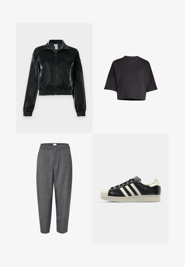 Schwarze glänzende, kurz geschnittene Jacke mit Reißverschluss vorne, hohem Kragen und elastischem Saum. Verfügt über drei Streifen an den Ärmeln und ein kleines Logo auf der Brust.; Schwarzes, cropped T-Shirt mit Rundhalsausschnitt und lockeren kurzen Ärmeln, das vertikale Satinstreifenakzente auf der linken Seite aufweist. Glatte Textur.; Graue, schmal zulaufende Hosen aus strukturiertem Stoff; mit Falten und einem glatten Bund mit verdecktem Verschluss.; Schwarze Ledersneaker mit weißen Streifen, Gummikappe, schwarzen Schnürsenkeln und einer cremefarbenen Sohle. Glatte Textur mit glänzender Oberfläche.