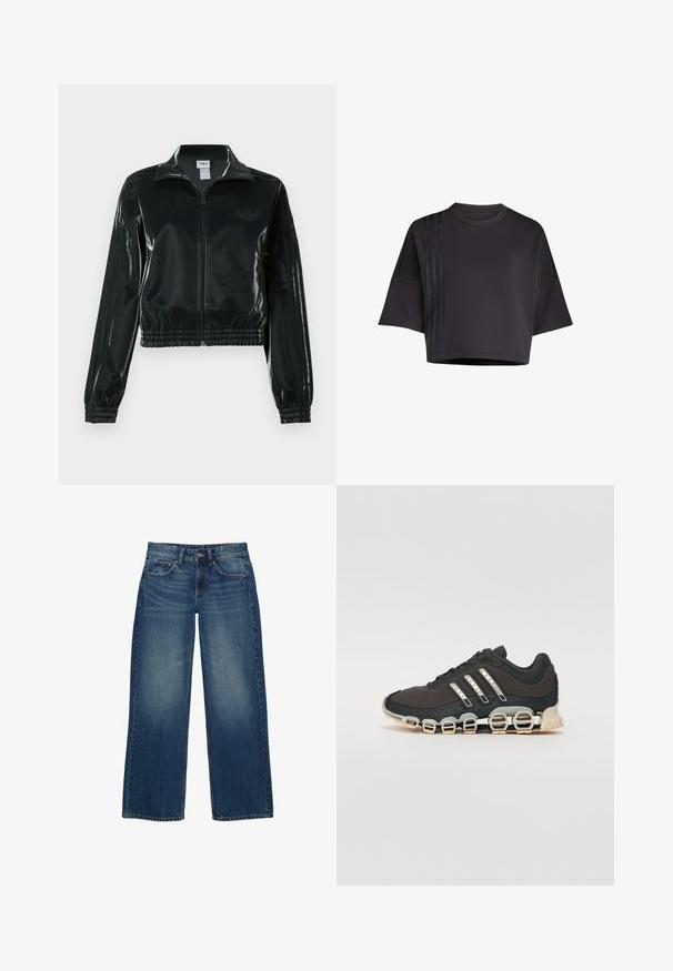 Schwarze glänzende, kurz geschnittene Jacke mit Reißverschluss vorne, hohem Kragen und elastischem Saum. Verfügt über drei Streifen an den Ärmeln und ein kleines Logo auf der Brust.; Schwarzes, cropped T-Shirt mit Rundhalsausschnitt und lockeren kurzen Ärmeln, das vertikale Satinstreifenakzente auf der linken Seite aufweist. Glatte Textur.; Weite blaue Denim-Jeans mit einem ausgewaschenen Finish, Fünf-Taschen-Design und kontrastierenden Nähten. Geschlossen mit einem Knopf und einem Reißverschluss.; Schwarzer Sportschuh mit einer strukturierten Oberseite, drei silbernen Streifen und einer markanten Dämpfungssohle mit mehreren integrierten Sektionen.