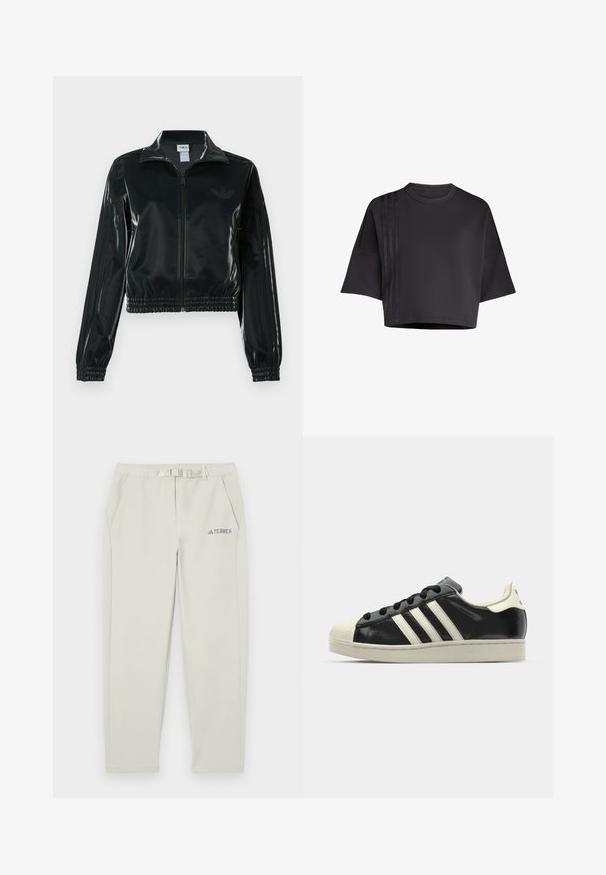 Zwarte glanzende cropped jas met een ritssluiting aan de voorkant, hoge kraag en elastische zoom. Voorzien van drie strepen op de mouwen en een klein logo op de borst.; Zwarte cropped t-shirt met een ronde hals, losse korte mouwen, met verticale satijnen streepaccenten aan de linkerkant. Gladde textuur.; Lichte grijze sportbroek met een elastische tailleband, riemdetail, twee zijzakken en een klein blauw "TERREX" logo op de linker dij.; Zwarte leren sneaker met witte strepen, rubberen teenbescherming, zwarte veters en een crèmekleurige loopzool. Glad oppervlak met een glanzende afwerking.