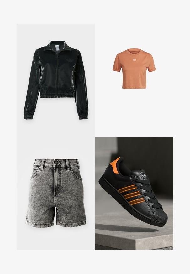 Melna spīdīga īsā jaka ar rāvējslēdzēja priekšpusi, augstu apkakli un elastīgu apakšu. Piedevas ir trīs svītras uz piedurknēm un neliels logotips uz krūtīm.; adidas Originals TOP ADICOLOR ORIGINALS REGULAR T-SHIRT - Apdrukāts T-krekls - hazy copper; Melni džinsi šorti ar augsto jostasvietu, piecu kabatu dizainu un nolietotu rakstu ar redzamām šuvēm un metāliskiem elementiem.; Melnas kedas ar oranžiem akcentiem, trīs horizontālas svītras, teksturēts ādas augšdaļa, gumijas purngala daļa un melnas auklas.