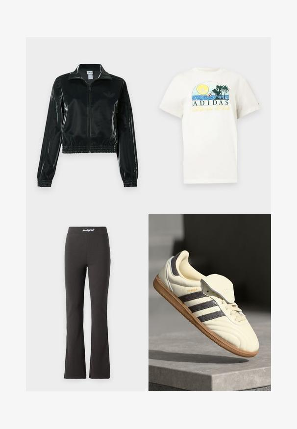 Black glossy cropped jacket with a zip front, high collar, and elasticized hem. Features three stripes on sleeves and a small logo on the chest.; White cotton t-shirt featuring a graphic design with a sun, palm trees, and water. "ADIDAS Sports Club" printed in green and yellow.; Black flared pants made of stretchy fabric with a smooth texture. Features a wide waistband with logo detailing at the top.; Cream leather sneaker with three dark stripes, a brown gum outsole, and a rounded toe. Features a foldable tongue labeled "SAMBA."