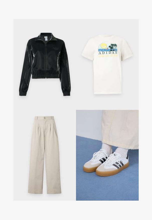 Black glossy cropped jacket with a zip front, high collar, and elasticized hem. Features three stripes on sleeves and a small logo on the chest.; White cotton t-shirt featuring a graphic design with a sun, palm trees, and water. "ADIDAS Sports Club" printed in green and yellow.; Beige wide-leg trousers made of cotton with front pleats, a button closure, belt loops, and a smooth texture.; White sneakers with black stripes and beige suede accents. Feature a textured gum sole and flat white laces, worn with light-colored socks.