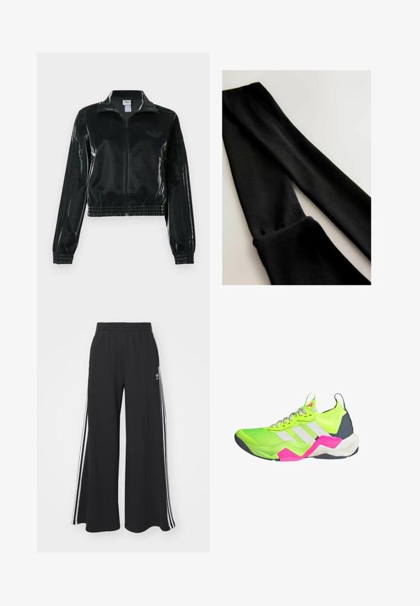 Giacca nera lucida corta con zip frontale, colletto alto e orlo elasticizzato. Presenta tre strisce sulle maniche e un piccolo logo sul petto.; Leggings neri realizzati in tessuto elasticizzato e liscio con un design aderente. Presentano una vita senza cuciture e nessun motivo o componente visibile.; Pantaloni in felpa neri a gamba larga con vita elastica, dotati di strisce bianche sui lati e un logo ricamato sulla coscia sinistra.; Scarpa da ginnastica verde neon con accenti grigi, tre strisce bianche e dettagli rosa. Presenta una tomaia texture e una suola ammortizzata.