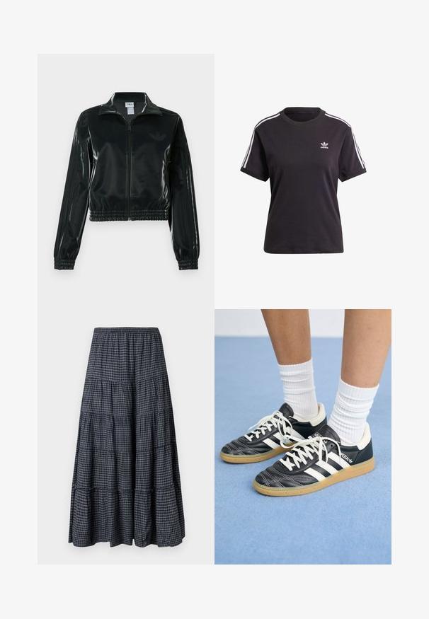 Black glossy cropped jacket with a zip front, high collar, and elasticized hem. Features three stripes on sleeves and a small logo on the chest.; Black cotton short-sleeve t-shirt with round neck, featuring white stripes on shoulders and a small white Adidas logo on the chest.; Tiered maxi skirt in navy plaid, featuring an elastic waistband, multiple fabric layers, and a soft, textured finish.; Black leather sneakers with white stripes, round toe, white laces, and gum rubber sole. Accentuated by padded collar and branding details.