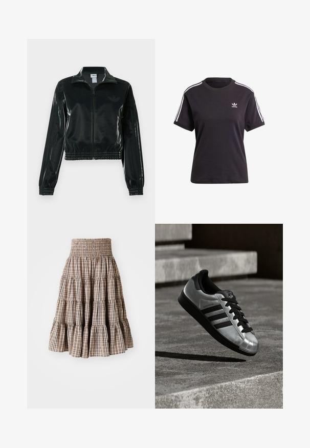 Black glossy cropped jacket with a zip front, high collar, and elasticized hem. Features three stripes on sleeves and a small logo on the chest.; Black cotton short-sleeve t-shirt with round neck, featuring white stripes on shoulders and a small white Adidas logo on the chest.; Tiered, smocked skirt in a beige and brown checked pattern. Features a flared silhouette and textured fabric.; Silver sneaker with a black rubber sole, black laces, and three black stripes. Features a metallic finish and classic shell toe design.